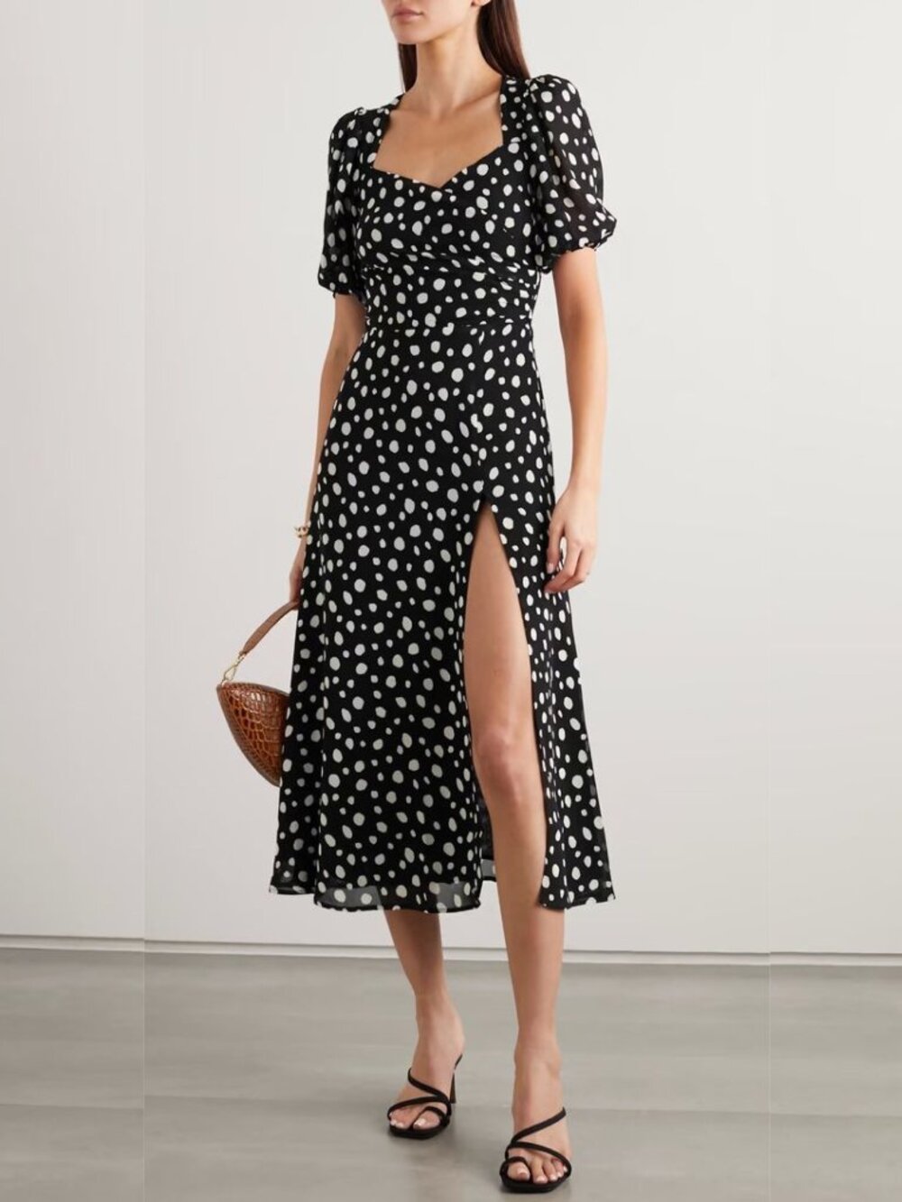 Reformation Wildflower Polka Dot Georgette Midi Dress Open Back Black 10